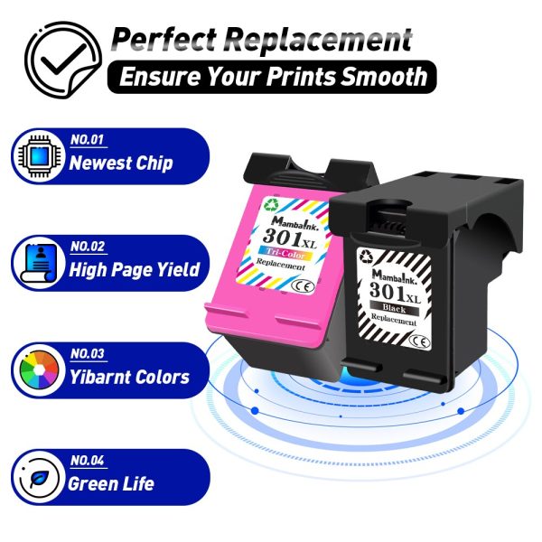 Mambaink Ink Cartridges Remanufactured For HP 301 XL HP301 HP301 301XL Deskjet 2050se 2054A 1050se 3050se 3050A 3052A Envy 5530 - Image 3