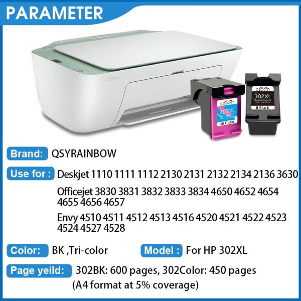 QSYRAINBOW Remanufactured For HP 302 Ink Cartridge HP302 XL Ink Cartridge Deskjet 1110 1111 1112 2130 2131 4511 3833 5220 - Image 2