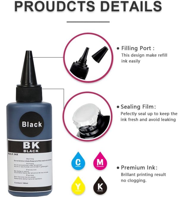 befon 5PCS/SET CMYK 100ml Universal Refill Dye Ink Compatible For HP for Canon for Brother for Epson for Lexmark for DELL Series - Image 2